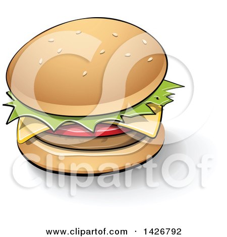 Clipart of a Cheeseburger with a Shadow and Black Outlines - Royalty Free Vector Illustration by cidepix