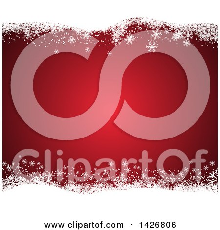Clipart of a Red Christmas Winter Background with Borders of White Snow and Flakes - Royalty Free Vector Illustration by KJ Pargeter