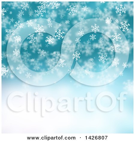 Clipart of a Christmas Background of Falling White Snowflakes and Stars over Blue - Royalty Free Illustration by KJ Pargeter