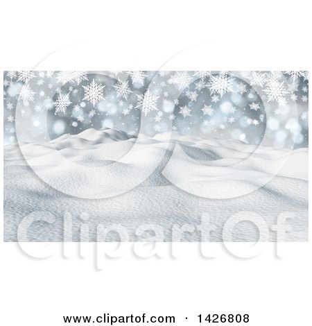 Clipart of a 3d Snowy Winter Landscape with Snowflakes and Hills - Royalty Free Illustration by KJ Pargeter