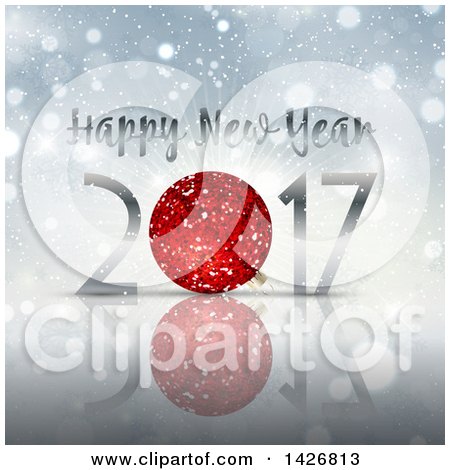 Clipart of a Happy New Year 2017 Design with a Red Bauble over Flares - Royalty Free Vector Illustration by KJ Pargeter