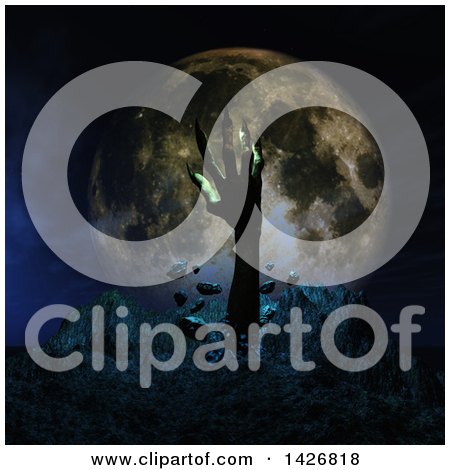 Clipart of a 3d Zombie Hand Rising from the Earth Against a Full Moon - Royalty Free Illustration by KJ Pargeter