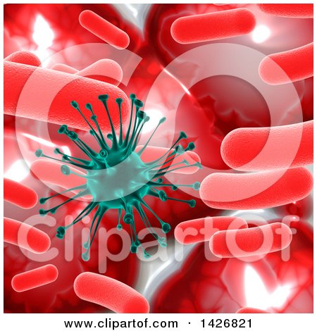 Clipart of a 3d Medical Background with a Green Virus and Red Blood Cells - Royalty Free Illustration by KJ Pargeter