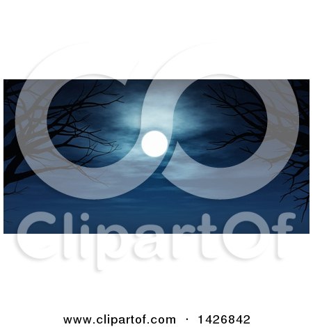 Clipart of a 3d Full Moon with Silhouetted Bare Tree Branches - Royalty Free Illustration by KJ Pargeter