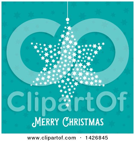Clipart of a Hanging Star Ornament over a Turquoise Star Pattern and Merry Christmas Text - Royalty Free Vector Illustration by KJ Pargeter