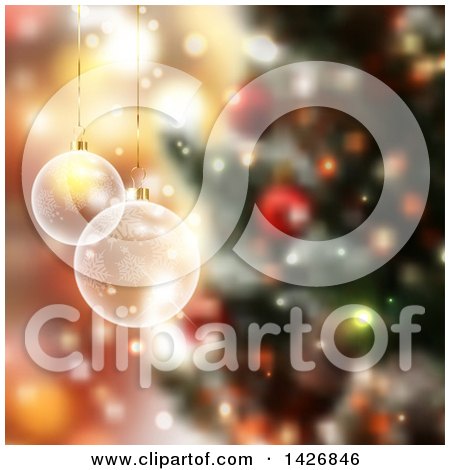 Clipart of a Background of Transparent Glass Christmas Baubles Hanging over a Blurred Tree - Royalty Free Vector Illustration by KJ Pargeter