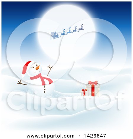 Clipart of a Happy Snowman with Gifts in the Snow Under a Silhouetted Santa Against a Full Moon - Royalty Free Vector Illustration by KJ Pargeter