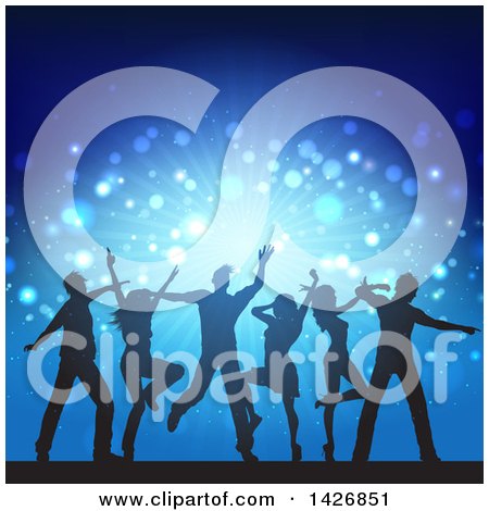 Clipart of a Group of Silhouetted People Dancing over Blue Lights - Royalty Free Vector Illustration by KJ Pargeter