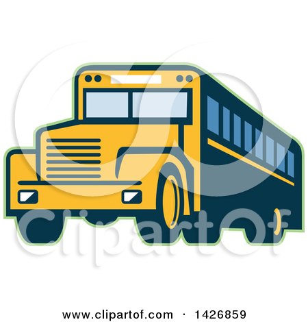 Clipart of a Retro Yellow School Bus Outlined in Green - Royalty Free Vector Illustration by patrimonio