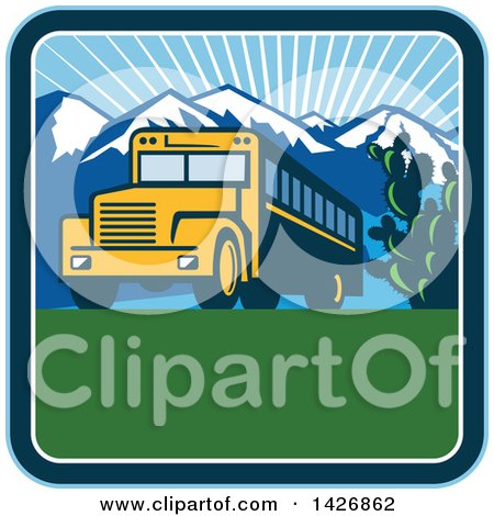 Clipart of a Retro Yellow School Bus with Cactus and Mountains Against a Sunny Sky Inside a Square - Royalty Free Vector Illustration by patrimonio
