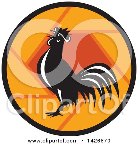 Clipart of a Retro Black and White Crowing Rooster in an Orange Shutter Circle - Royalty Free Vector Illustration by patrimonio