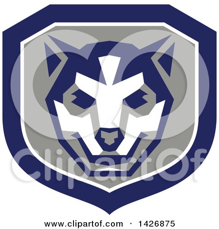 Clipart of a Retro Wolf Cub Head in a Gray White and Blue Shield - Royalty Free Vector Illustration by patrimonio