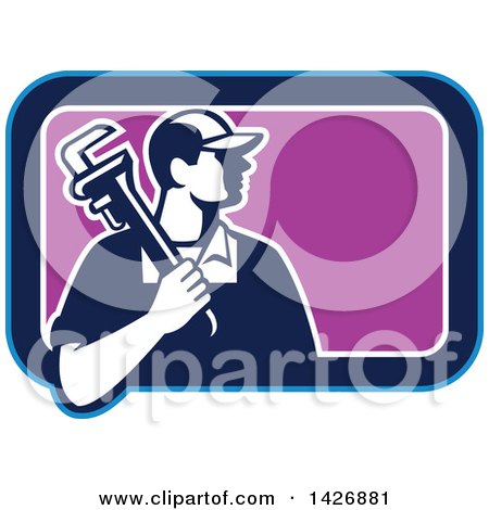 Clipart of a Retro Male Plumber Holding a Monkey Wrench over His Shoulder in a Blue White and Purple Rectangle - Royalty Free Vector Illustration by patrimonio
