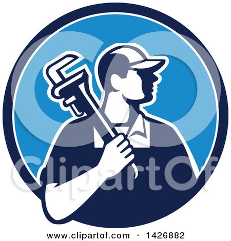 Clipart of a Retro Male Plumber Holding a Monkey Wrench over His Shoulder in a Blue and White Circle - Royalty Free Vector Illustration by patrimonio