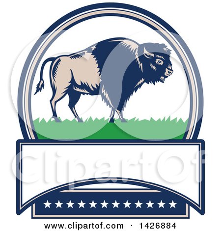 Clipart of a Retro Woodcut American Buffalo Bison on Grass in an Oval with Text Space and Stars - Royalty Free Vector Illustration by patrimonio