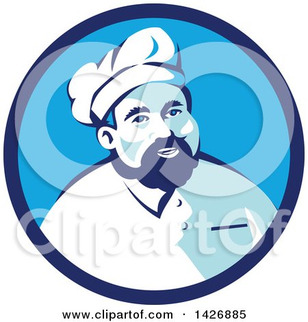 Clipart of a Retro Male Chef with a Beard, Wearing a Toque in a Blue Circle - Royalty Free Vector Illustration by patrimonio
