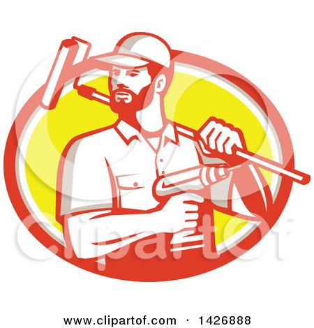 Clipart of a Retro Handyman Holding a Paint Roller over His Shoulder and a Cordless Drill in Hand, Emerging from an Orange Gray White and Yellow Oval - Royalty Free Vector Illustration by patrimonio