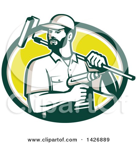 Clipart of a Retro Handyman Holding a Paint Roller over His Shoulder and a Cordless Drill in Hand, Emerging from a Green Taupe White and Yellow Oval - Royalty Free Vector Illustration by patrimonio