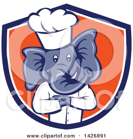 Clipart of a Cartoon Elephant Chef Man with Folded Arms in a Blue White and Orange Shield - Royalty Free Vector Illustration by patrimonio