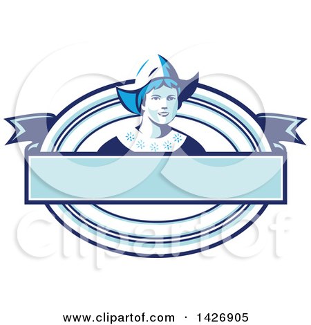 Clipart of a Retro Dutch Woman Wearing a Bonnet in a Blue and White Oval - Royalty Free Vector Illustration by patrimonio
