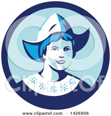 Clipart of a Retro Dutch Woman Wearing a Bonnet in a Blue Circle - Royalty Free Vector Illustration by patrimonio
