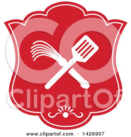Clipart of a Retro Crossed Spatula and Flogger Whip in a White and Red Shield - Royalty Free Vector Illustration by patrimonio