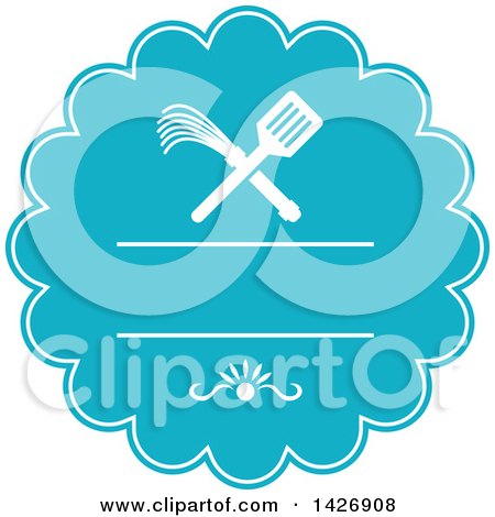 Clipart of a Retro Crossed Spatula and Flogger Whip in a White and Blue Rosette - Royalty Free Vector Illustration by patrimonio
