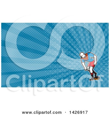 Clipart of a Retro Male Rugby Player and Blue Rays Background or Business Card Design - Royalty Free Illustration by patrimonio