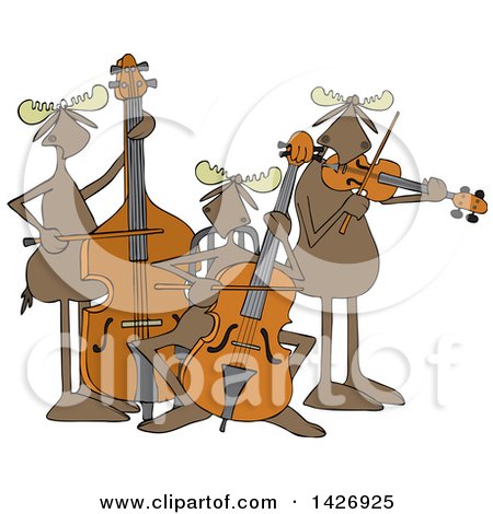Clipart of a Cartoon Trio of Moose Playing an Upright Bass, Cello and Violin or Viola - Royalty Free Vector Illustration by djart