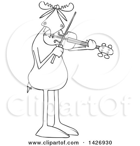 Clipart of a Cartoon Black and White Lineart Musician Moose Playing a Violin or Viola - Royalty Free Vector Illustration by djart