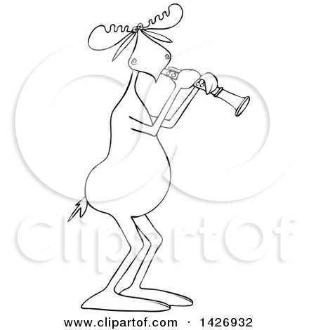 Clipart of a Cartoon Black and White Lineart Musician Moose Playing a Clarinet - Royalty Free Vector Illustration by djart