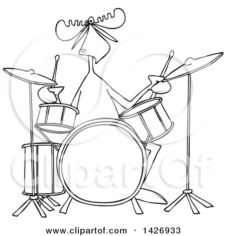 Clipart of a Cartoon Black and White Lineart Musician Moose Playing the Drums - Royalty Free Vector Illustration by djart
