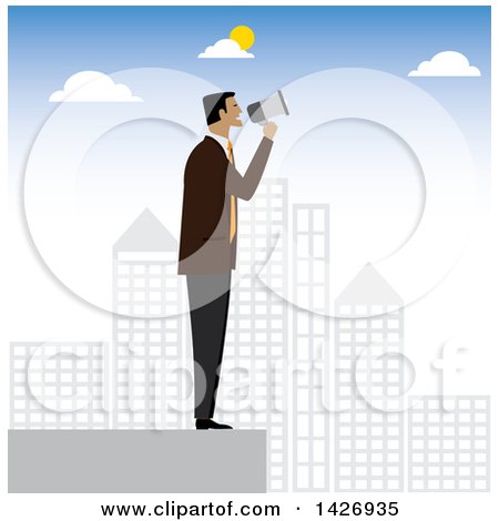 Clipart of a Corporate Business Man Shouting Through a Megaphone on Top of a Skyscraper - Royalty Free Vector Illustration by ColorMagic