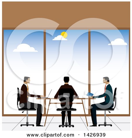 Clipart of a Meeting of Three Corporate Business Men Sitting at a Table and Using Gadgets - Royalty Free Vector Illustration by ColorMagic