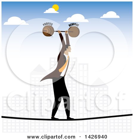 Clipart of a Corporate Business Man Carrying a Profits and Revenue Barbell and Walking a Tight Rope over a City - Royalty Free Vector Illustration by ColorMagic