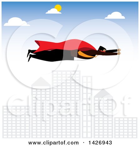 Clipart of a Corporate Super Business Man Flying over a City - Royalty Free Vector Illustration by ColorMagic