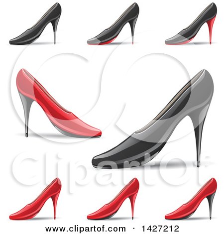 Clipart of Red and Black Pointy Toe High Heel Shoes with Shadows - Royalty Free Vector Illustration by cidepix