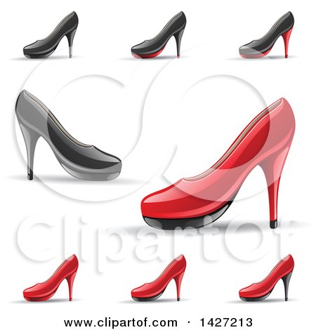 Clipart of Red and Black Rounded Toe High Heel Shoes with Shadows - Royalty Free Vector Illustration by cidepix