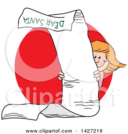 Clipart of a Cartoon Caucasian Girl Peeking Around a Very Long Dear Santa Letter over a Red Circle - Royalty Free Vector Illustration by Johnny Sajem