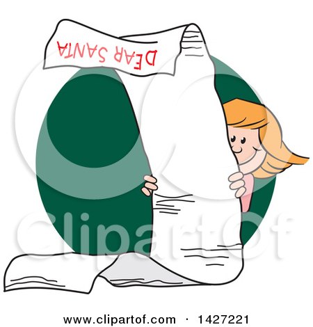 Clipart of a Cartoon Caucasian Girl Peeking Around a Very Long Dear Santa Letter over a Green Circle - Royalty Free Vector Illustration by Johnny Sajem