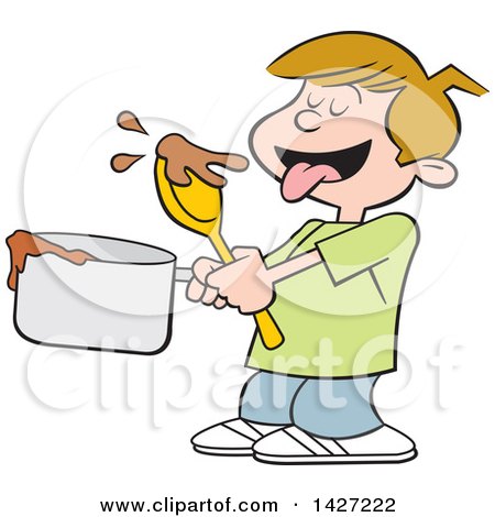Clipart of a Cartoon Dirty Blond Caucasian Boy Licking a Spoon and Holding a Pot of Cookie Dough or Brownie Batter - Royalty Free Vector Illustration by Johnny Sajem