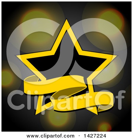 Clipart of a Black and Yellow Star and Banner over Blurred Lights - Royalty Free Vector Illustration by elaineitalia