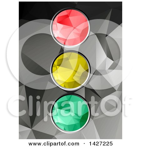 Clipart of a Low Poly Geometric Red, Yellow and Green Traffic Light over Gray - Royalty Free Vector Illustration by elaineitalia