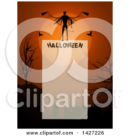 Clipart of a Halloween Border of a Demon Against a Full Moon over a Cemetery with Silhouetted Bare Trees, over Halloween and Text Space - Royalty Free Vector Illustration by elaineitalia