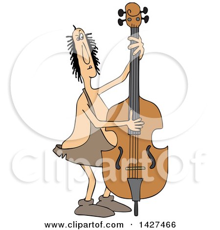 Clipart of a Cartoon Chubby Caveman Musician Playing a Bass Fiddle - Royalty Free Vector Illustration by djart