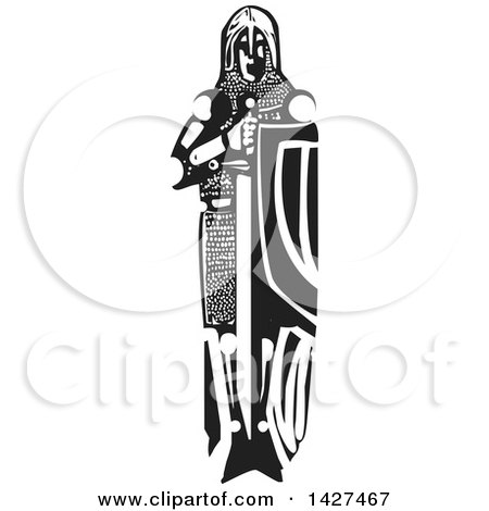 Clipart of a Black and White Woodcut Medieval Knight with a Sword and Shield - Royalty Free Vector Illustration by xunantunich