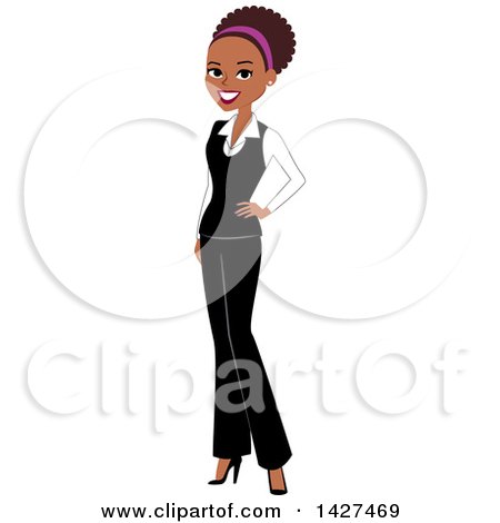 Clipart of a Beautiful Happy Black Business Woman Standing with One Hand on Her Hip, Wearing a Headband - Royalty Free Vector Illustration by Monica