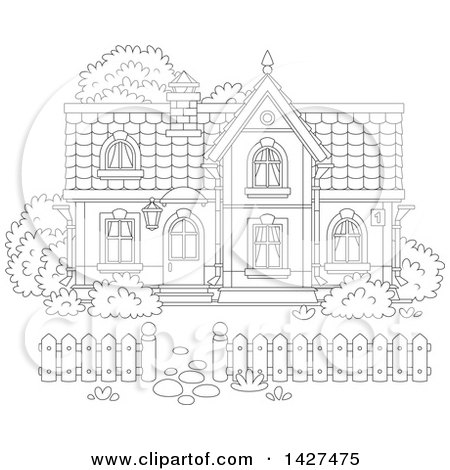Clipart of a Cartoon Black and White Lineart Two Storey Home - Royalty Free Vector Illustration by Alex Bannykh