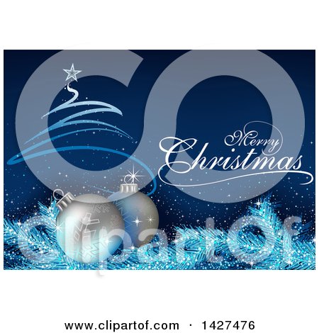 Clipart of a Merry Christmas Greeting with a Scribble Tree, 3d Silver Snowflake Baubles and Branches over Blue - Royalty Free Vector Illustration by dero
