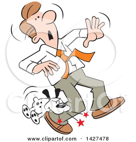 Clipart of a Cartoon Dog Biting a Caucasian Business Man on the Ankle - Royalty Free Vector Illustration by Johnny Sajem
